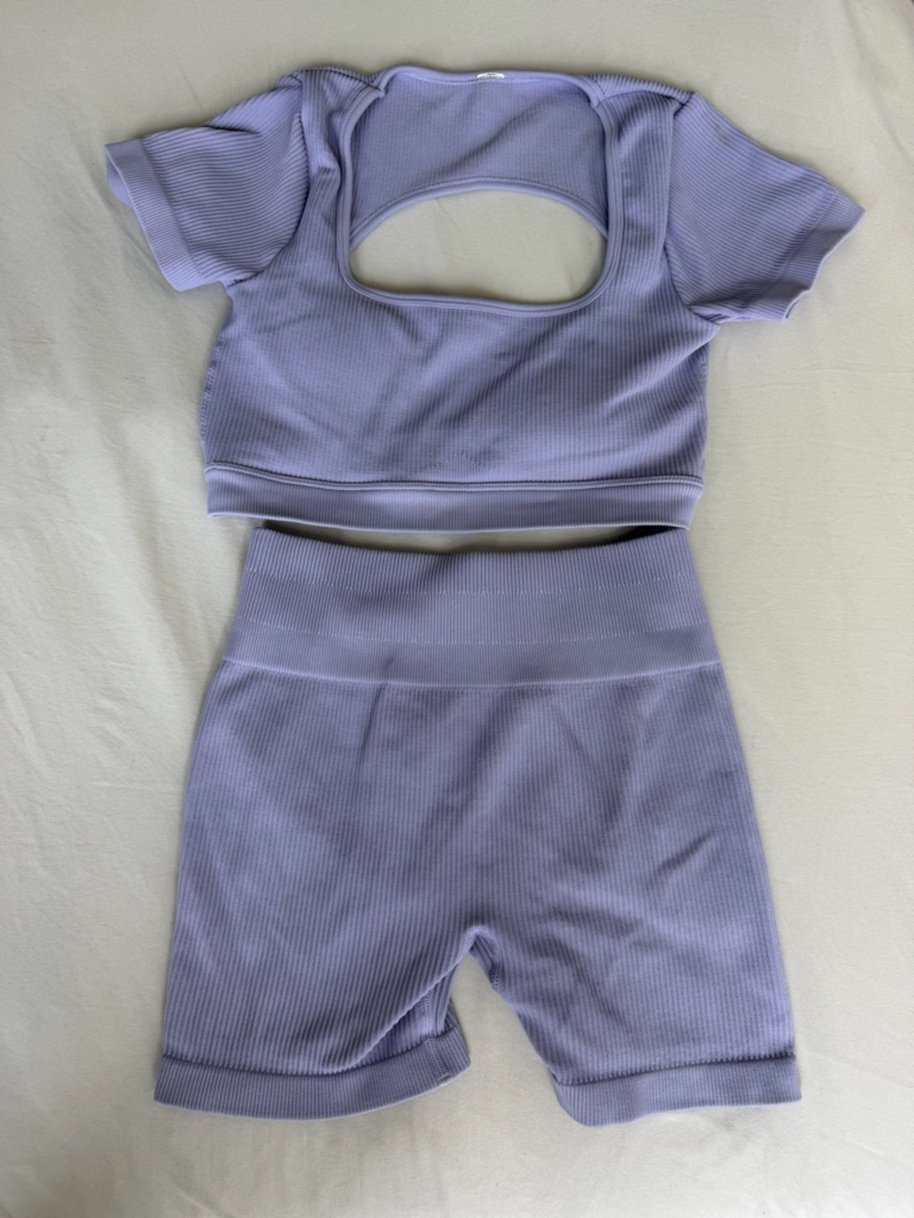 Ribbed Cutout Crop Sports Bra and High-Waist Bike Shorts Set - Lavender